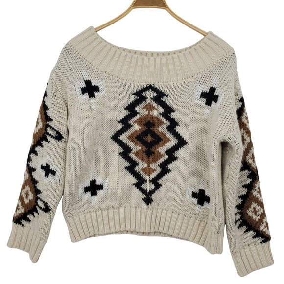Moon River Sweaters - Moon River Wool Blend Boat Neck Aztec Heavy Knit Sweater